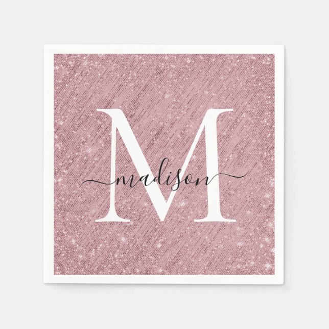 Rose Gold Monogram Script Sparkle Glitter Tinsel Napkin (Front)