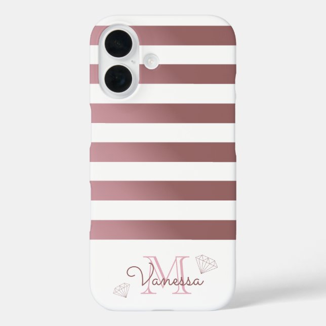 Rose Gold Monogram Stripes with Geometric Diamonds Case-Mate iPhone Case (Back)