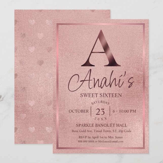 Rose Gold Monogram Sweet Sixteen Invitation (Front/Back)