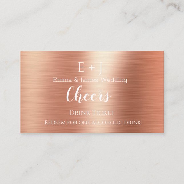 Rose Gold Monogram Wedding Reception Drink Ticket (Front)
