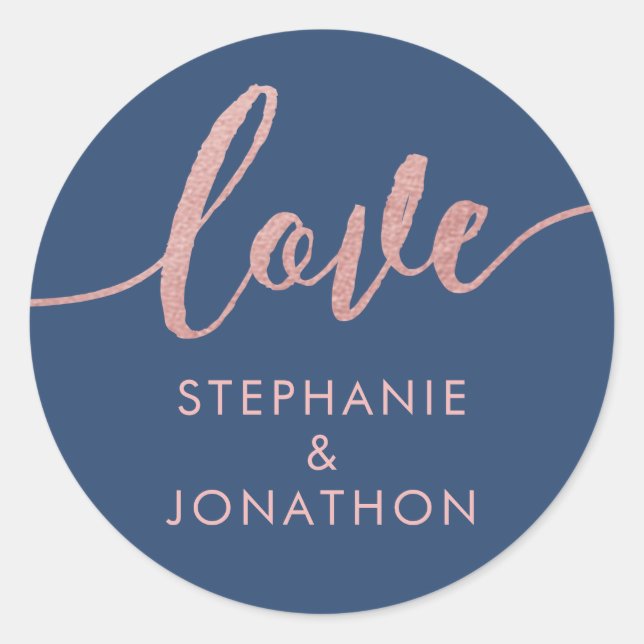 Rose Gold & Moody Navy Blue Personalised Wedding Classic Round Sticker (Front)