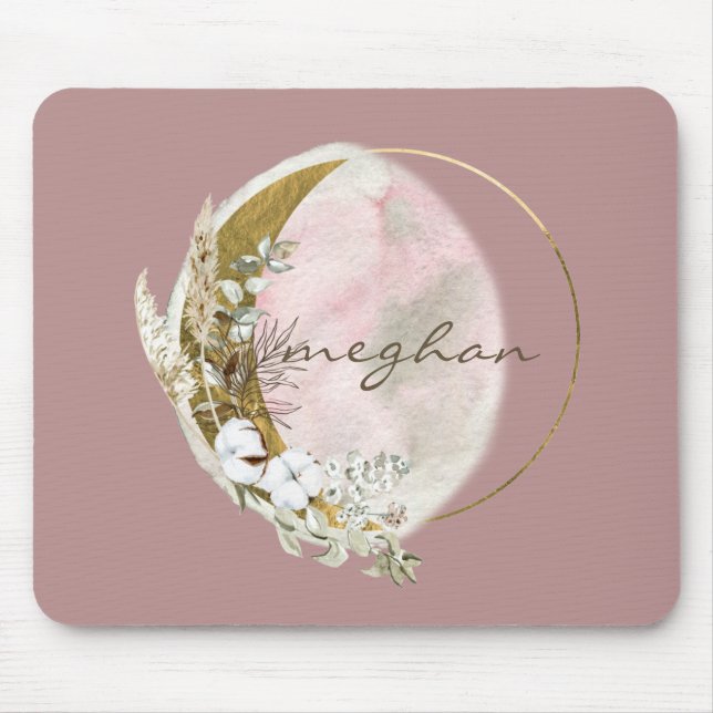 Rose Gold Moon Monogram Name Handwriting  Mouse Pa Mat (Front)