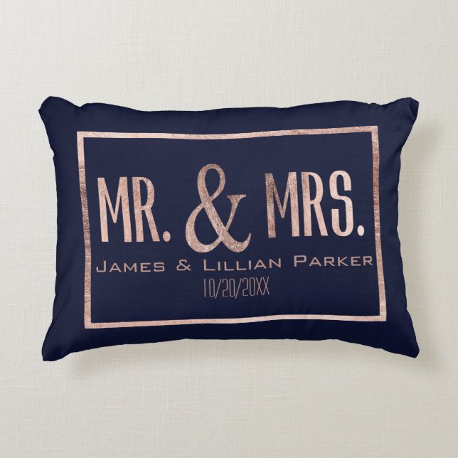 Rose Gold Mr. and Mrs. Navy Blue Monogram Wedding Decorative Cushion (Front)