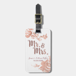 Rose Gold Mr. and Mrs. Simple Floral Wedding Luggage Tag