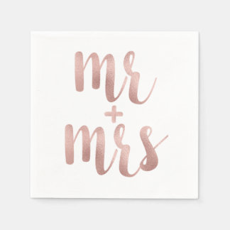 Rose gold Mr. & Mrs. cocktail napkins, foil font Napkin
