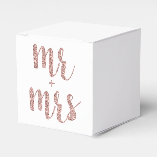 Rose gold Mr. & Mrs. favour boxes, glitter font Box (Front Side)
