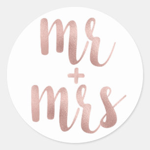 Rose gold Mr. & Mrs. stickers, foil font Classic Round Sticker