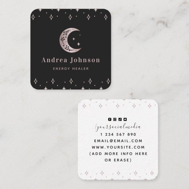 Rose Gold Mystic Moon Star Sparkles Modern Witch Square Business Card (Front/Back)