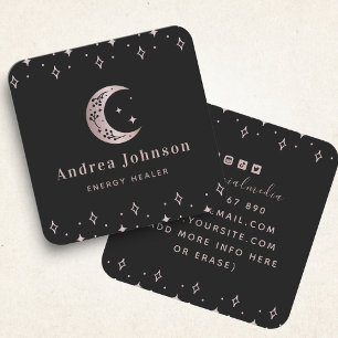 Rose Gold Mystic Moon & Star Sparkles Modern Witch Square Business Card