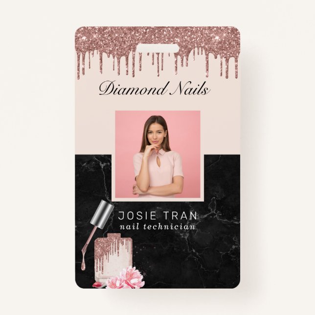 Rose Gold Nail Salon Employee Photo ID Badge (Front)