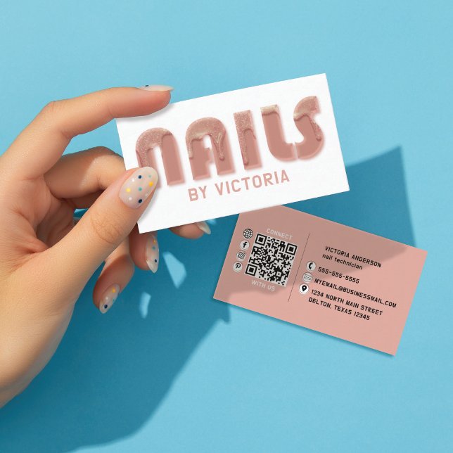 Rose Gold Nails Glitter Drips Typography Nail Tech Business Card (Creator Uploaded)