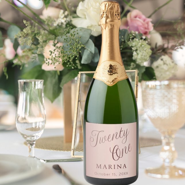 Rose gold name script 21st birthday sparkling wine label (Creator Uploaded)