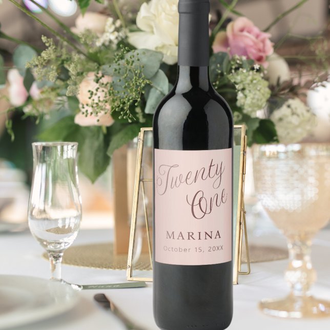 Rose gold name script 21st birthday wine label (Creator Uploaded)