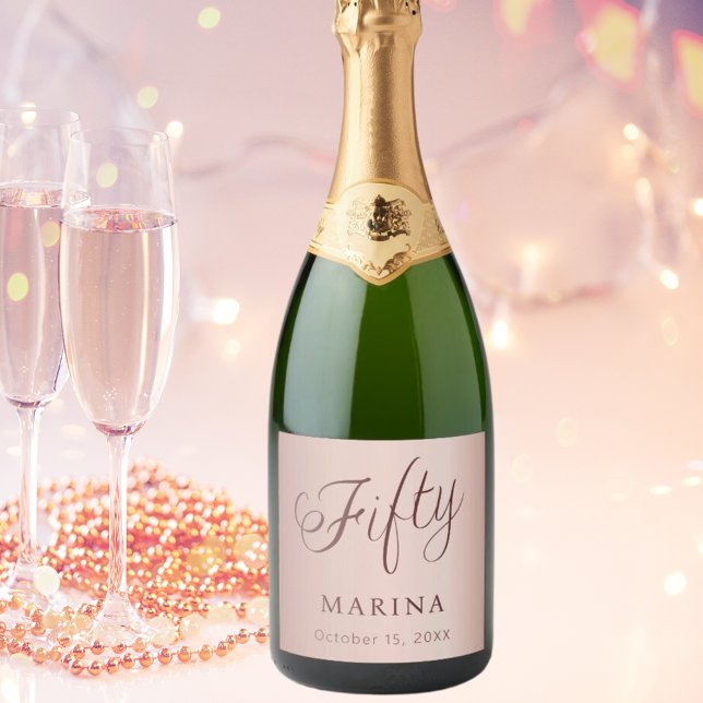 Rose gold name script 50th birthday sparkling wine label (Creator Uploaded)