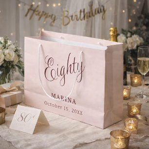 Rose gold name script 80th birthday large gift bag