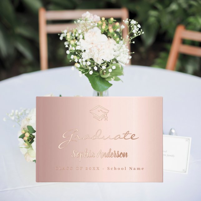 Rose gold name script cap Graduation Guest Book (Creator Uploaded)