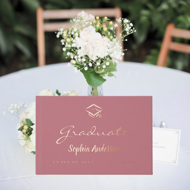 Rose gold name script cap Graduation Guest Book (Creator Uploaded)