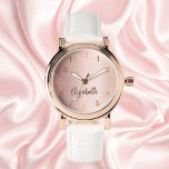 Rose gold name script elegant watch<br><div class="desc">A rose gold gradient background colour.   Add a name,  date. The name is written with a hand lettered style script.</div>