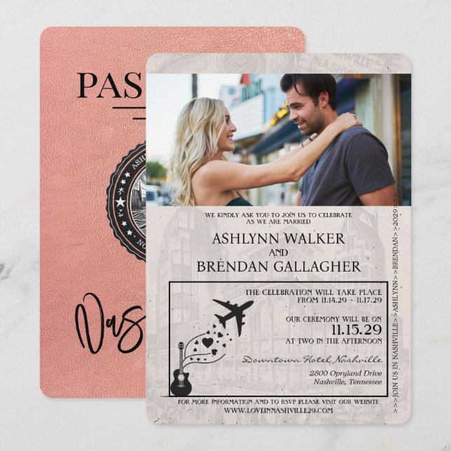 Rose Gold Nashville Passport Wedding Invitation (Front/Back)