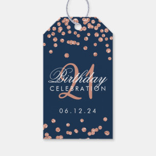 Rose Gold Navy 21st Birthday Glitter Confetti Gift Tags