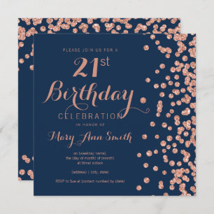 Rose Gold Navy 21st Birthday Glitter Confetti Invitation