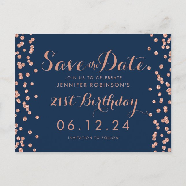 Rose Gold Navy 21st Birthday Save Date Confetti Announcement Postcard (Front)