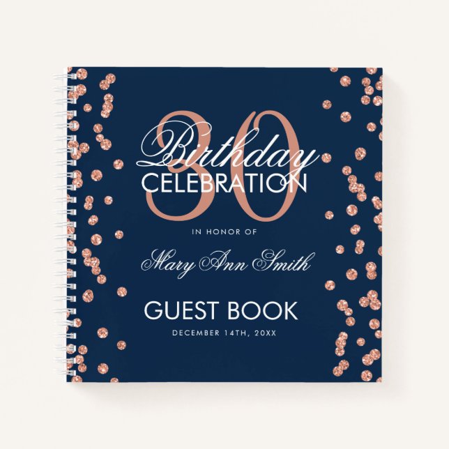 Rose Gold Navy 30th Birthday Guestbook Confetti Notebook (Front)