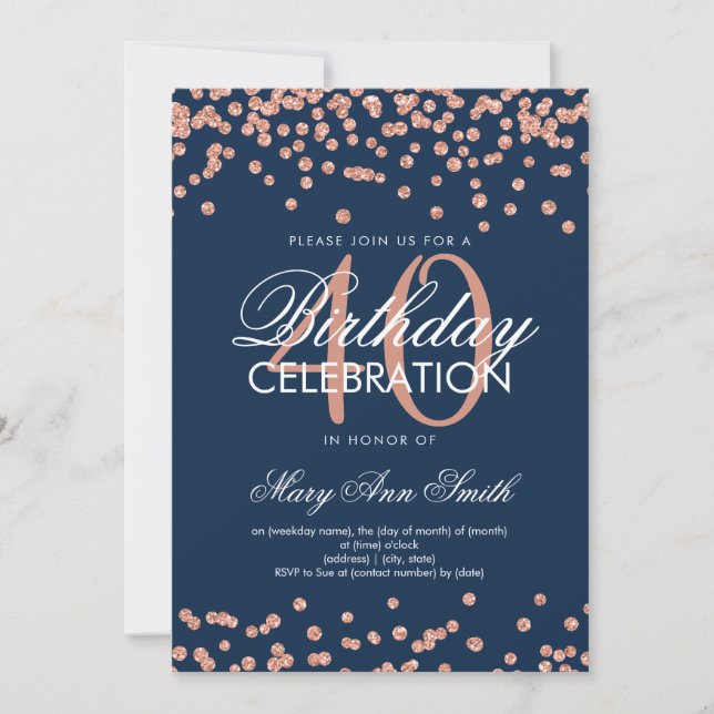 Rose Gold Navy 40th Birthday Glitter Confetti Invitation (Front)