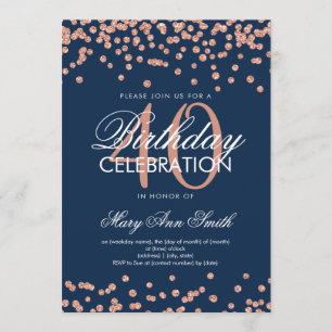 Rose Gold Navy 40th Birthday Glitter Confetti Invitation