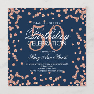 Rose Gold Navy 50th Birthday Glitter Confetti Invitation