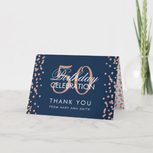 Rose Gold Navy 50th Birthday Thank you Confetti Card
