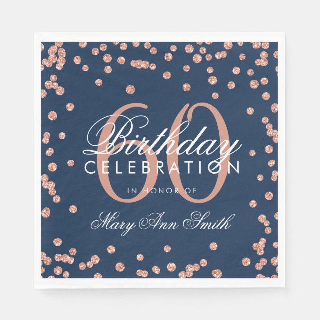 Rose Gold Navy 60th Birthday Glitter Confetti Napkin (Front)