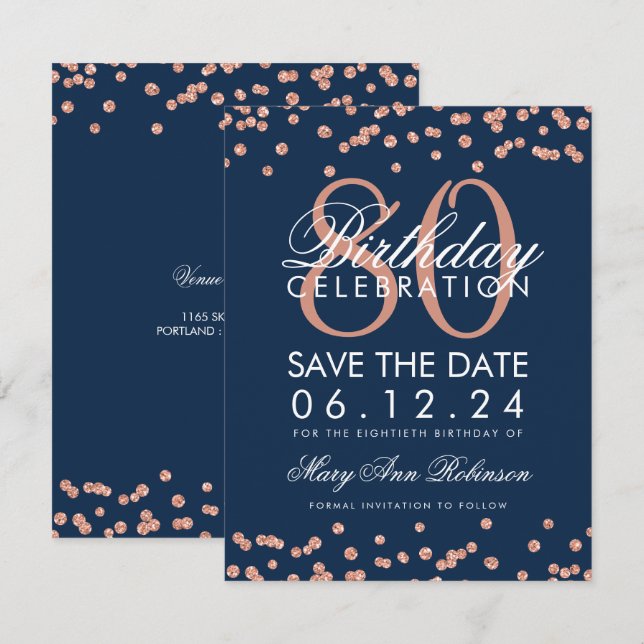 Rose Gold Navy 80th Birthday Save Date Confetti Invitation (Front/Back)