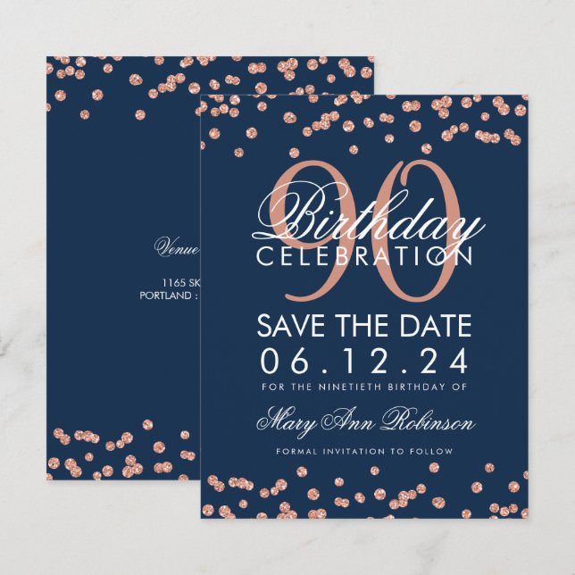 Rose Gold Navy 90th Birthday Save Date Confetti Invitation (Front/Back)