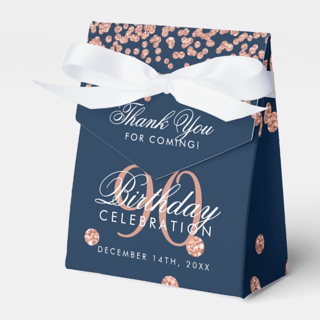 Rose Gold Navy 90th Birthday Thank You Confetti Favour Box (Front Side)