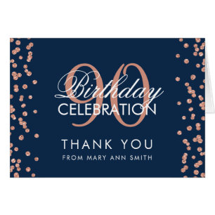 Rose Gold Navy 90th Birthday Thank you Glitter
