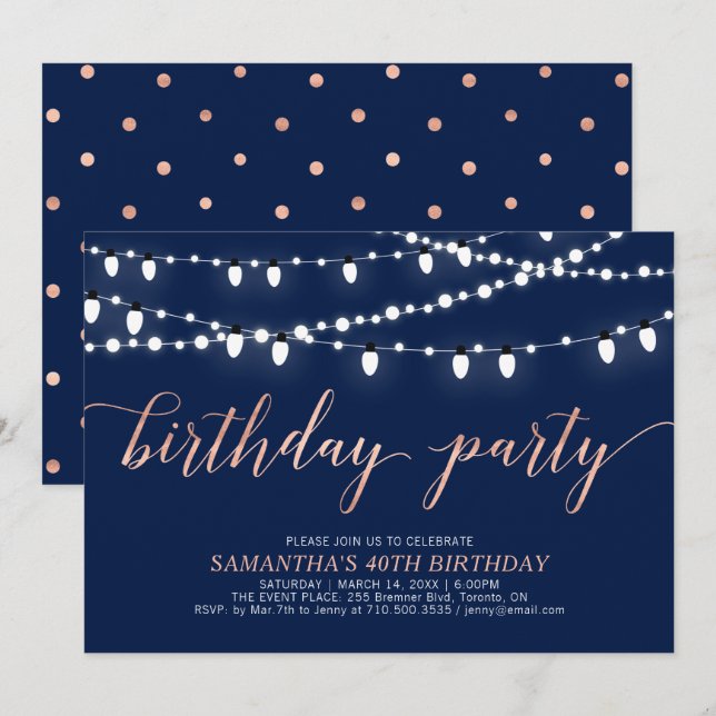 Rose Gold & Navy | Adult Women's 40 Birthday Party Invitation (Front/Back)
