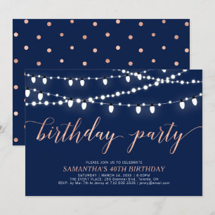 Rose Gold & Navy   Adult Women's 40 Birthday Party Invitation