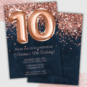 Rose Gold Navy Blue 10th Birthday Party Invitation