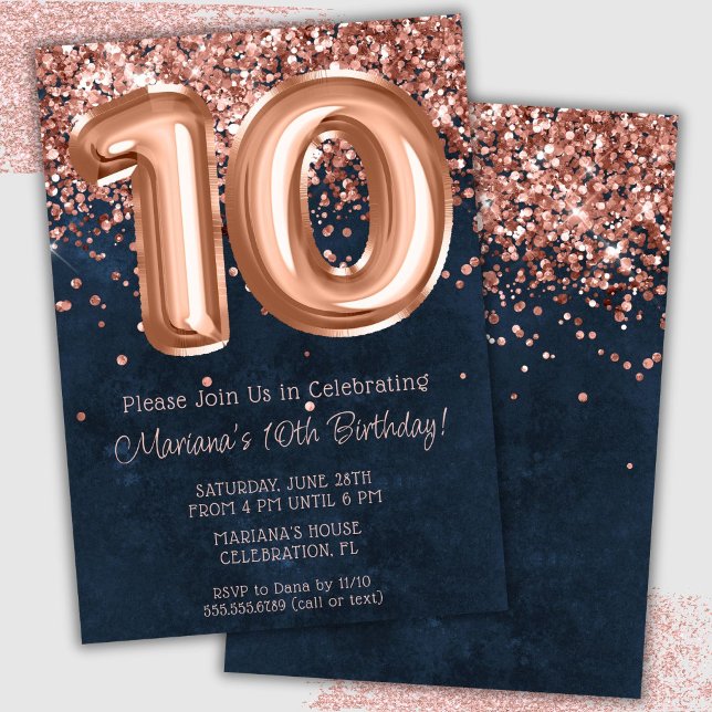Rose Gold Navy Blue 10th Birthday Party Invitation (Creator Uploaded)