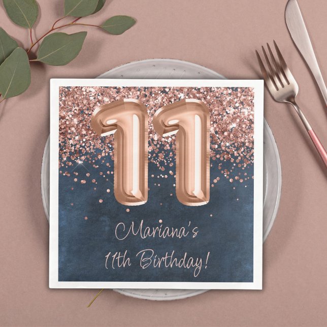  Rose Gold Navy Blue 11th Birthday Party Napkin (Creator Uploaded)