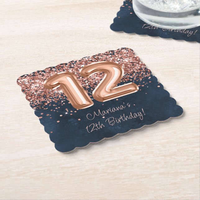  Rose Gold Navy Blue 12th Birthday Party Paper Coaster (Angled)