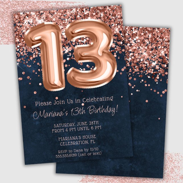 Rose Gold Navy Blue 13th Birthday Party Invitation (Creator Uploaded)