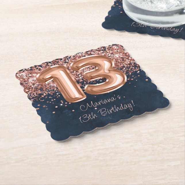  Rose Gold Navy Blue 13th Birthday Party Paper Coaster (Angled)
