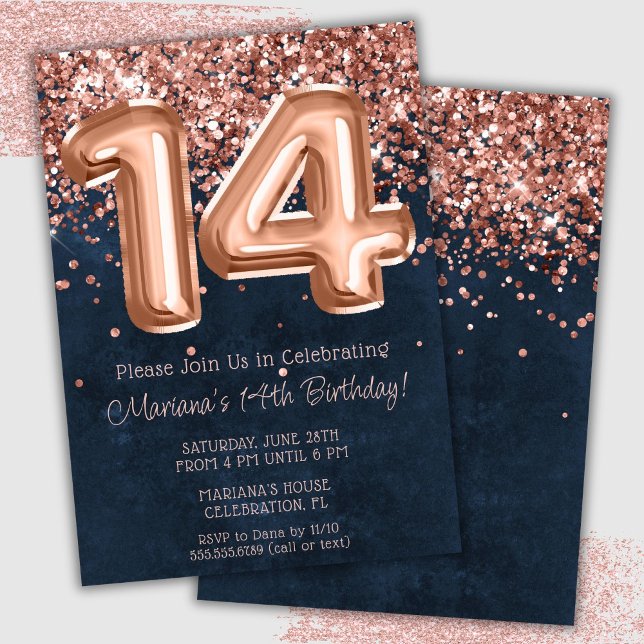 Rose Gold Navy Blue 14th Birthday Party Invitation (Creator Uploaded)