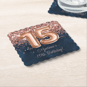 Rose Gold Navy Blue 15th Birthday Party Paper Coaster