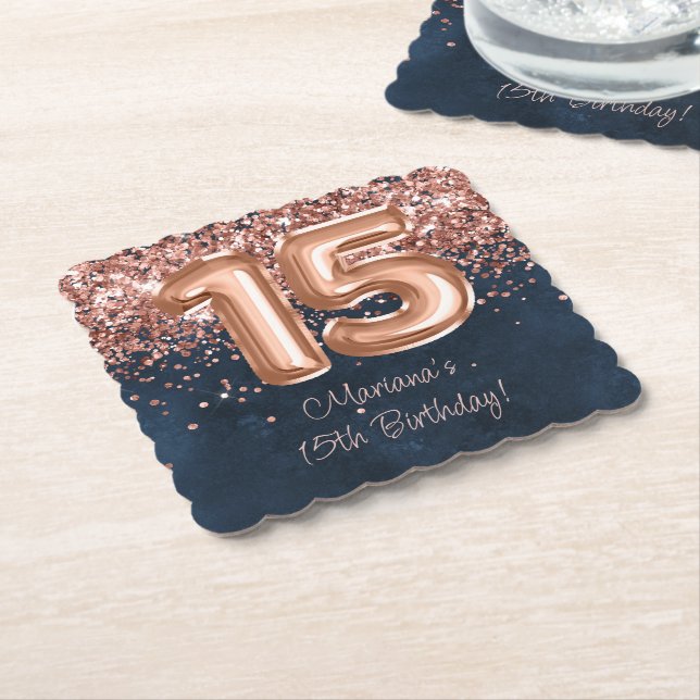  Rose Gold Navy Blue 15th Birthday Party Paper Coaster (Angled)