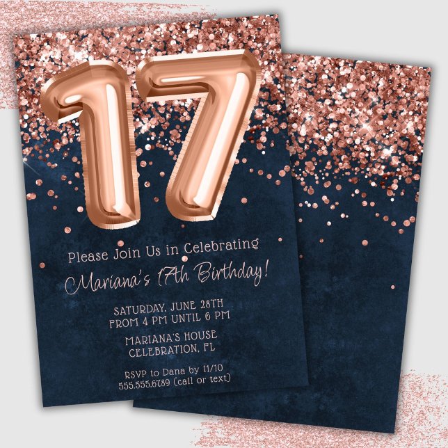 Rose Gold Navy Blue 17th Birthday Party Invitation (Creator Uploaded)