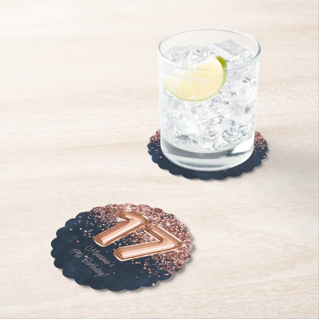  Rose Gold Navy Blue 17th Birthday Party Paper Coaster (Insitu)