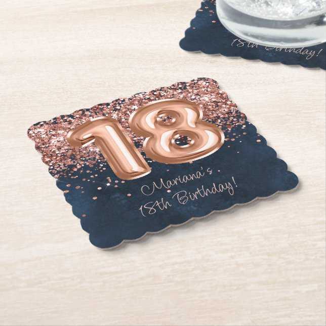  Rose Gold Navy Blue 18th Birthday Party Paper Coaster (Angled)